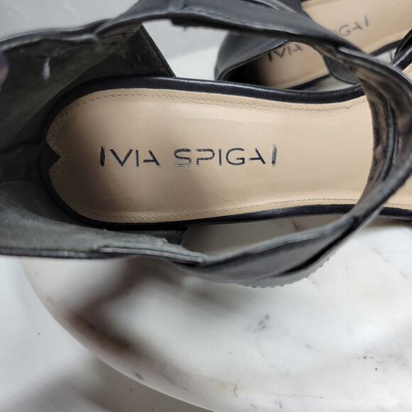 VTG Via Spiga Janel Heels Womens 7 Black Leather Chunky Twisted Strap Block Heel - Picture 3 of 16